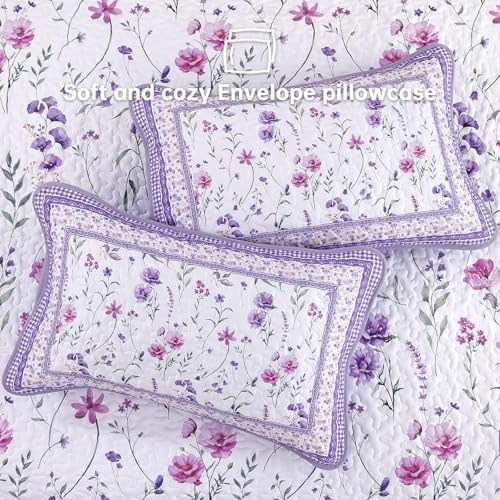 Floral Quilt Set Queen, Purple Flower Bedspread Coverlet for All Seasons