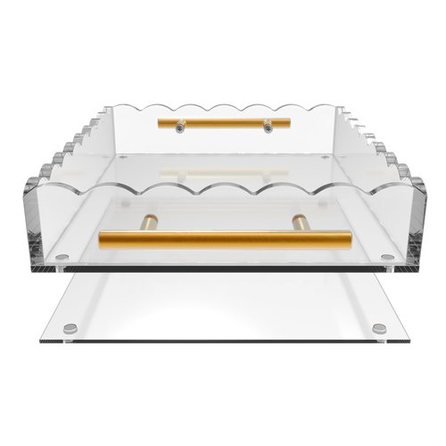 GRAHAM DESIGN 10×12 Rectangular Scalloped Acrylic Tray with Bronze Handles & Magnetic Mat – Clear Display Tray, Vanity Organizer, Anti‑Slip Decor Accent & Gift