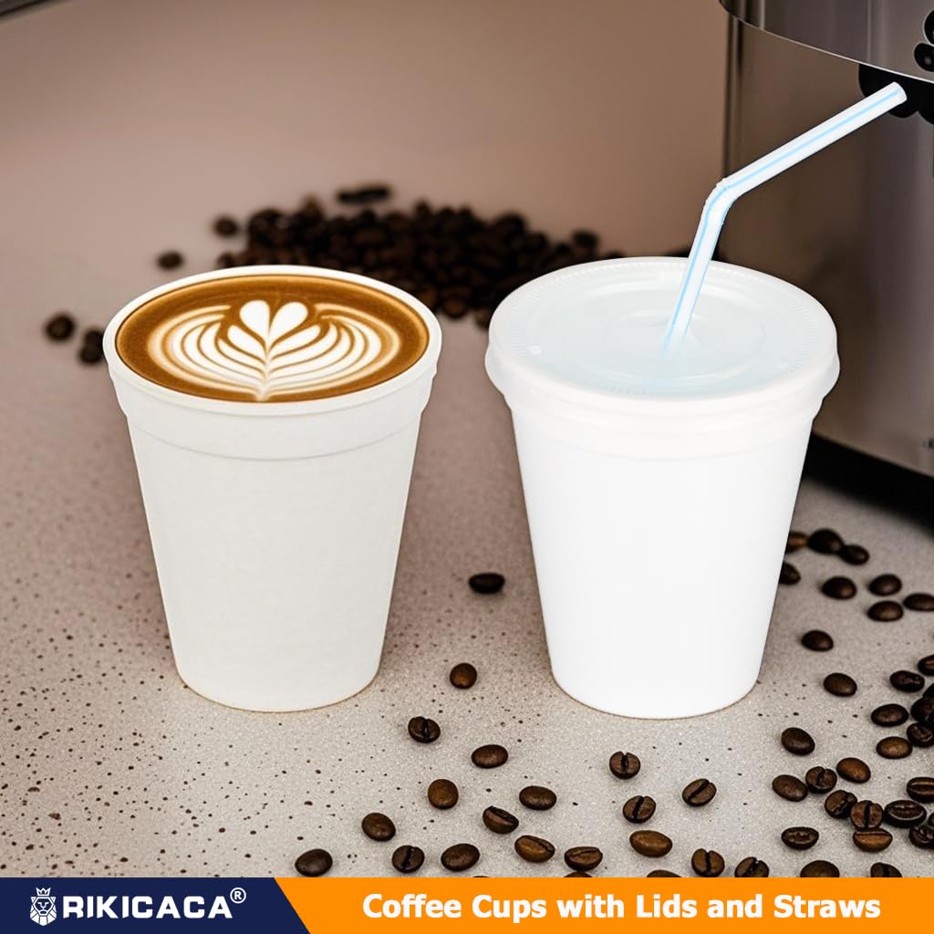 RIKICACA 8 Oz Styrofoam Cups with Lids and Drinking Straws, Disposable White Foam Cups for Hot Cold Drink Beverage, To Go Drinking Container for Coffee, Tea, Juice - 50Sets/150pcs