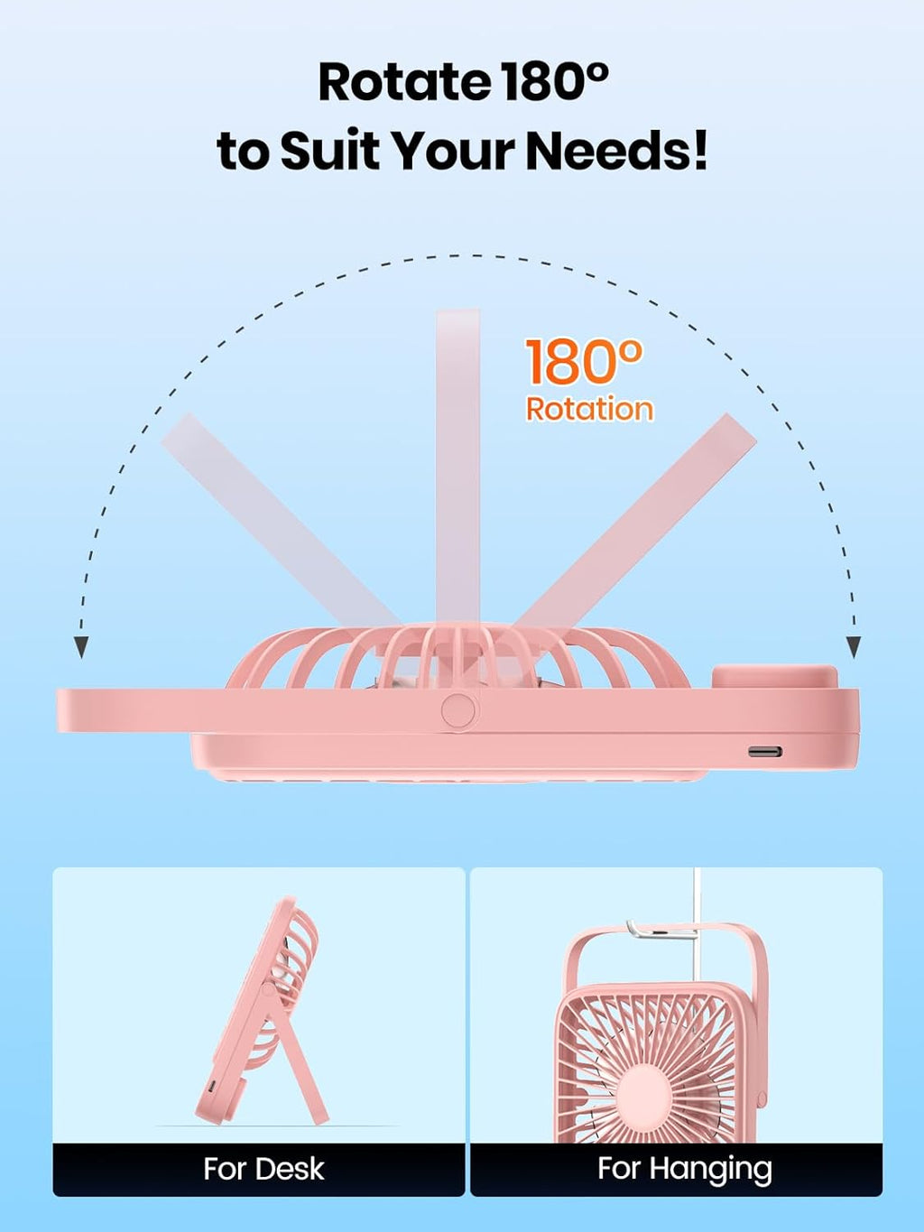 TOPK Portable Desk Fan - 5000mAh Ultra-Thin Rechargeable Battery Operated Fan | Quiet 4-Speed for Office & Travel
