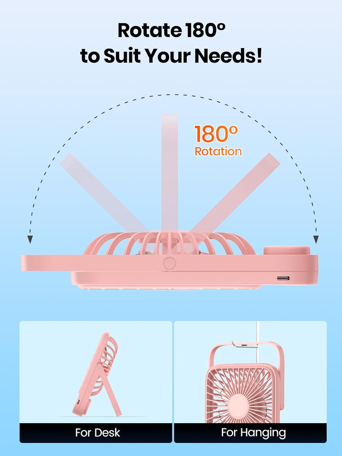 TOPK Portable Desk Fan - 5000mAh Ultra-Thin Rechargeable Battery Operated Fan | Quiet 4-Speed for Office & Travel