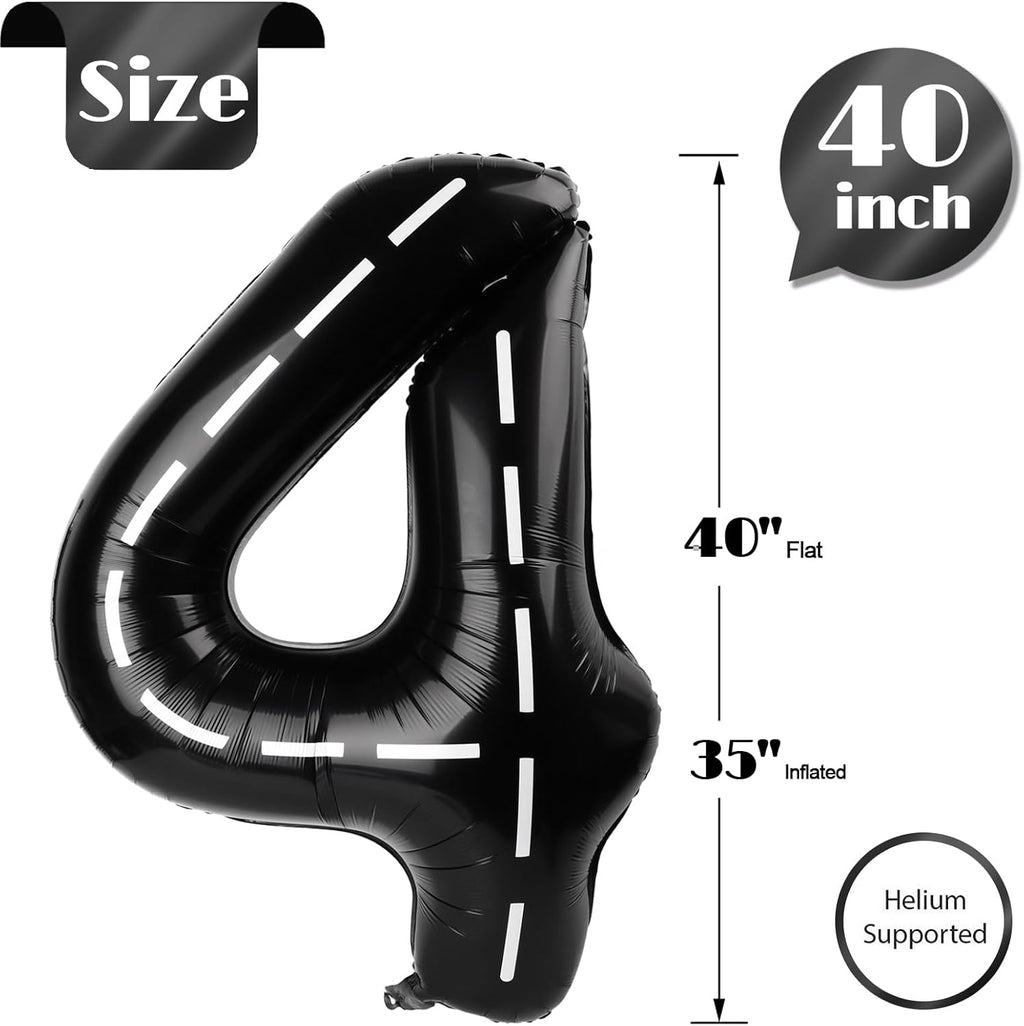 Race Car 4 Balloon - 40 Inch Number Balloon for 4th Birthday Party Decorations | Black Racecar Theme