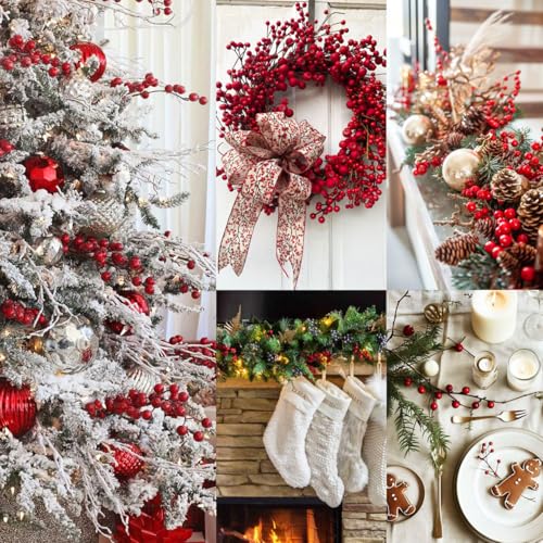 COSOKUU Red Berry Stems 30 Pcs - 8in Artificial Holly Picks for Christmas Decor (Red)