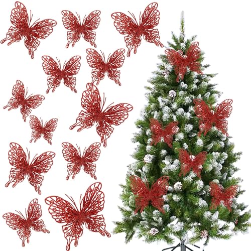 Red 3D Glitter Butterfly Christmas Tree Ornaments - 12-Pack 5-inch Decor