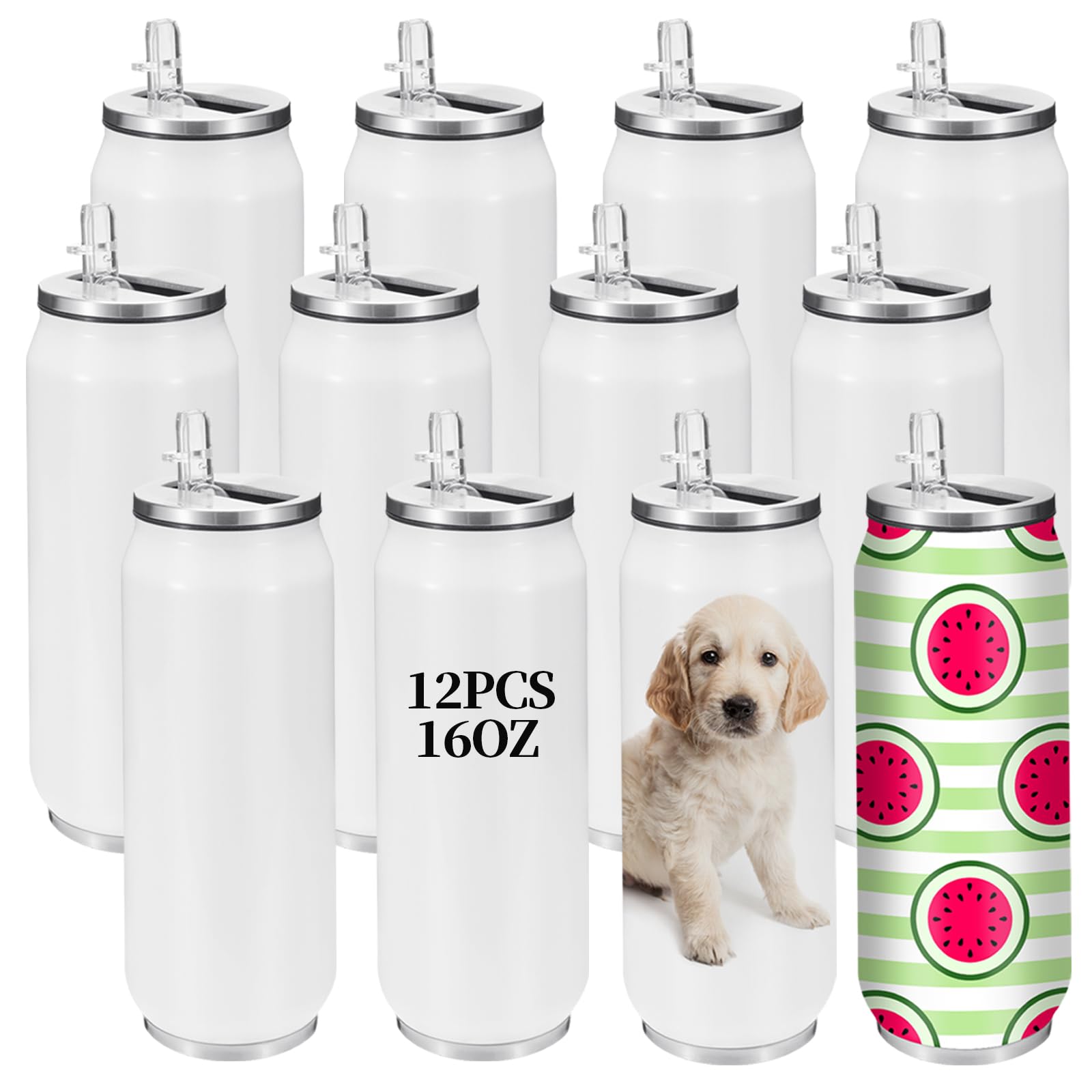 YOUKE OLA 12 Pack Sublimation Blank Can Shaped with Straw Lids 16oz White Double Walled Vacuum Insulated Stainless Steel Water Bottle for Sublimation Print