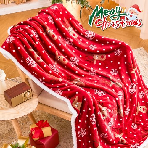 Ramees Christmas Throw Blanket - Cozy Fleece Holiday Blanket with Reindeer & Snowflakes