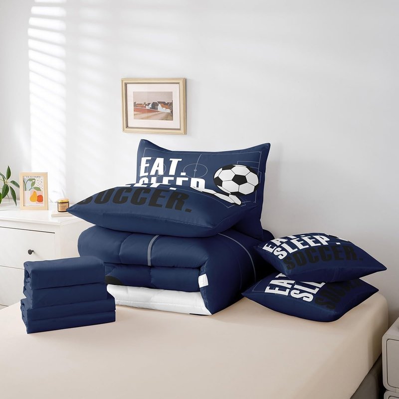 Feelyou Soccer Ball Comforter Set with Sheets Full Size Soccer Field 7 Pieces Bedding Set for Kids Boys Girls Teens Football Sports Ball Game Bed in a Bag Gift for Football Lover Bed Set