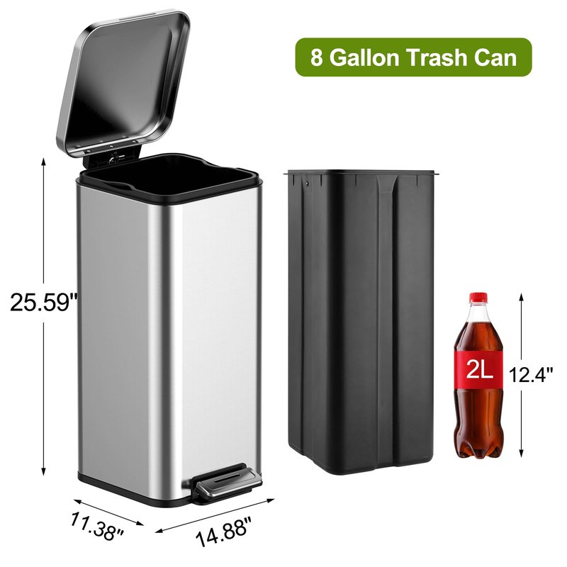 EcoExplorer 8 Gallon Kitchen Trash Can, 30 Liter Stainless Steel Garbage Bin with Removable Inner Bucket, Square Step Recycling Bin with Soft-Close Lid for Dining Room, Bathroom, Home Office