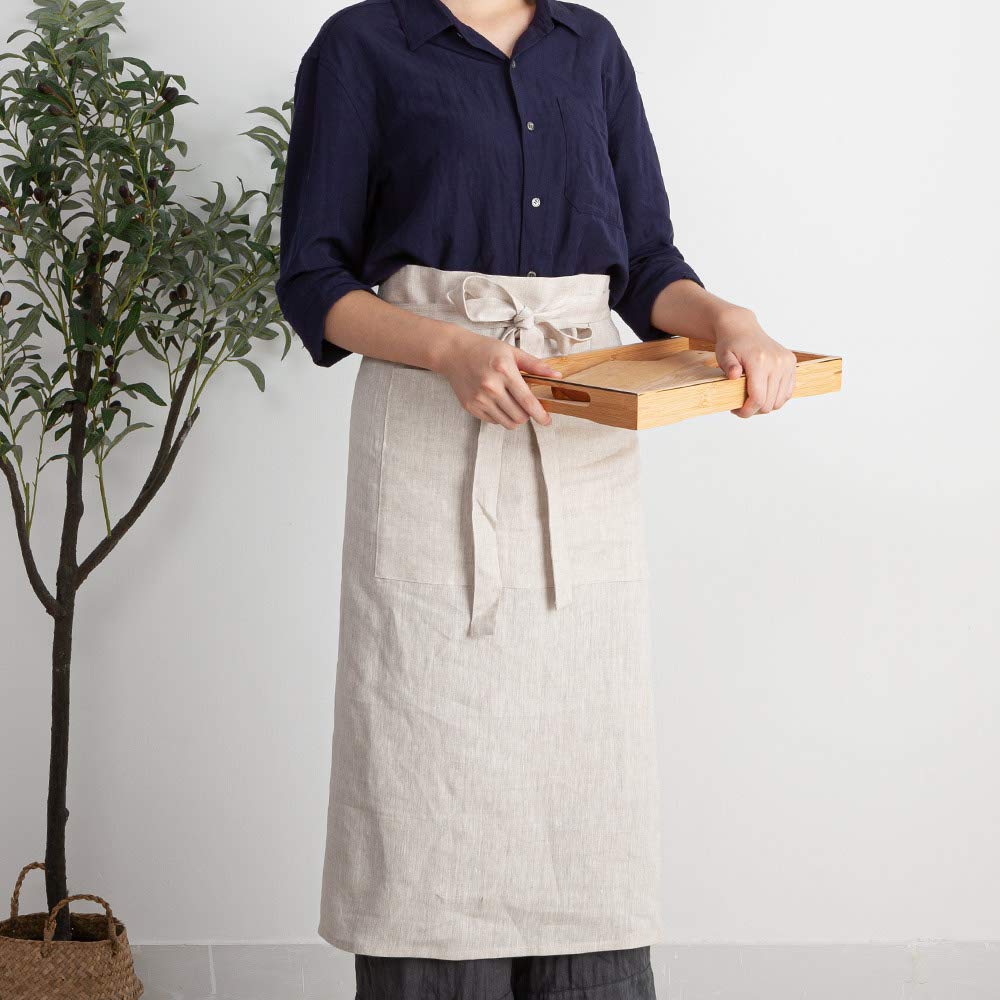ATLINIA 100% Linen Half Apron Bistro Apron Waist Apron with Pockets Natural
