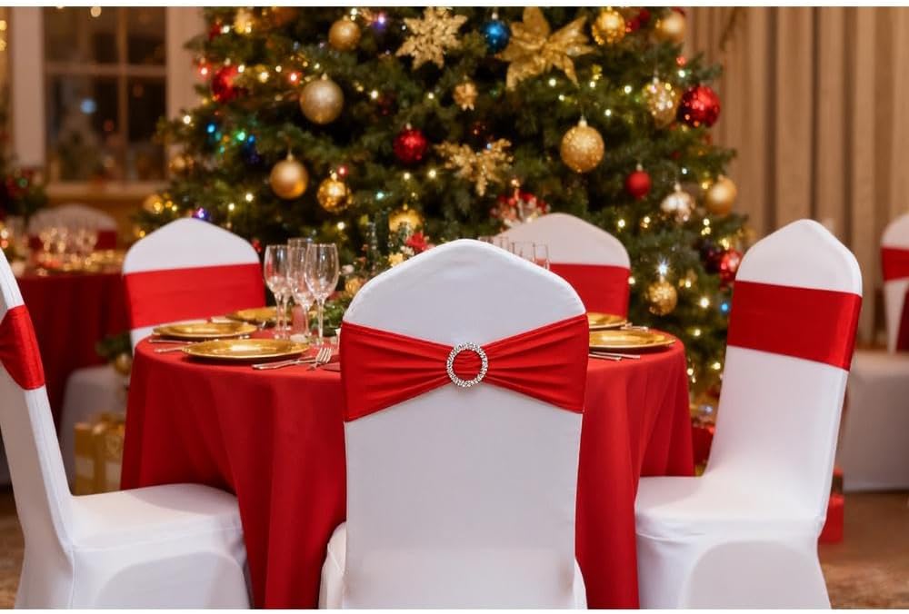 Red Chair Sashes 50 Pack | Spandex Chair Bands for Wedding & Party Decor - Elegant Red