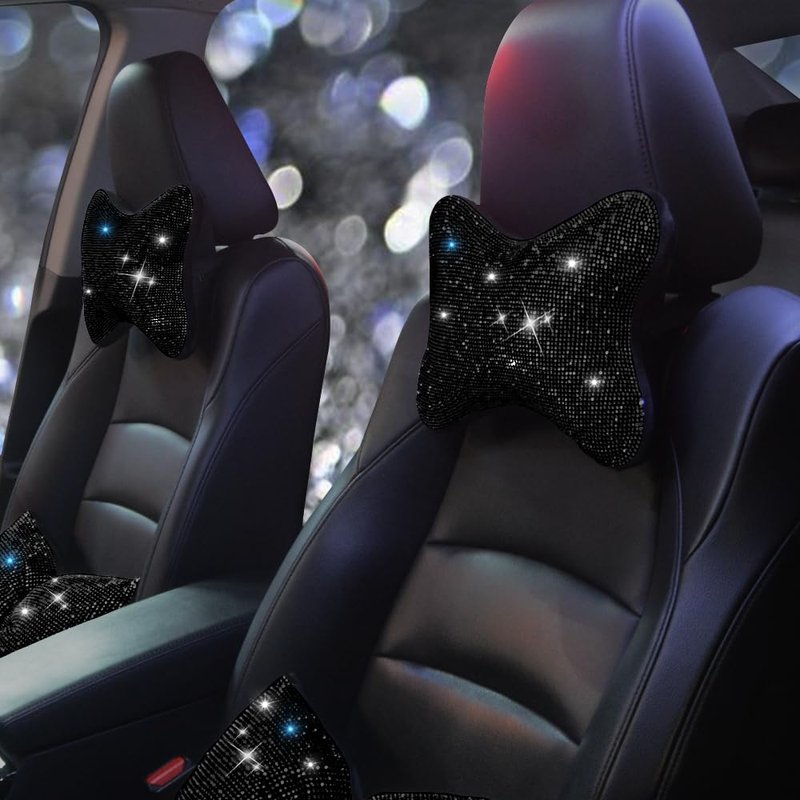 Pirador 2Pcs Women Neck Pillow Car Headrest Auto Headrest Cushion Driver Head Relax Black Diamonds Bling Bling Car Crystal Accessories Rhinestones Neck Rest Pillow for Girls and Women