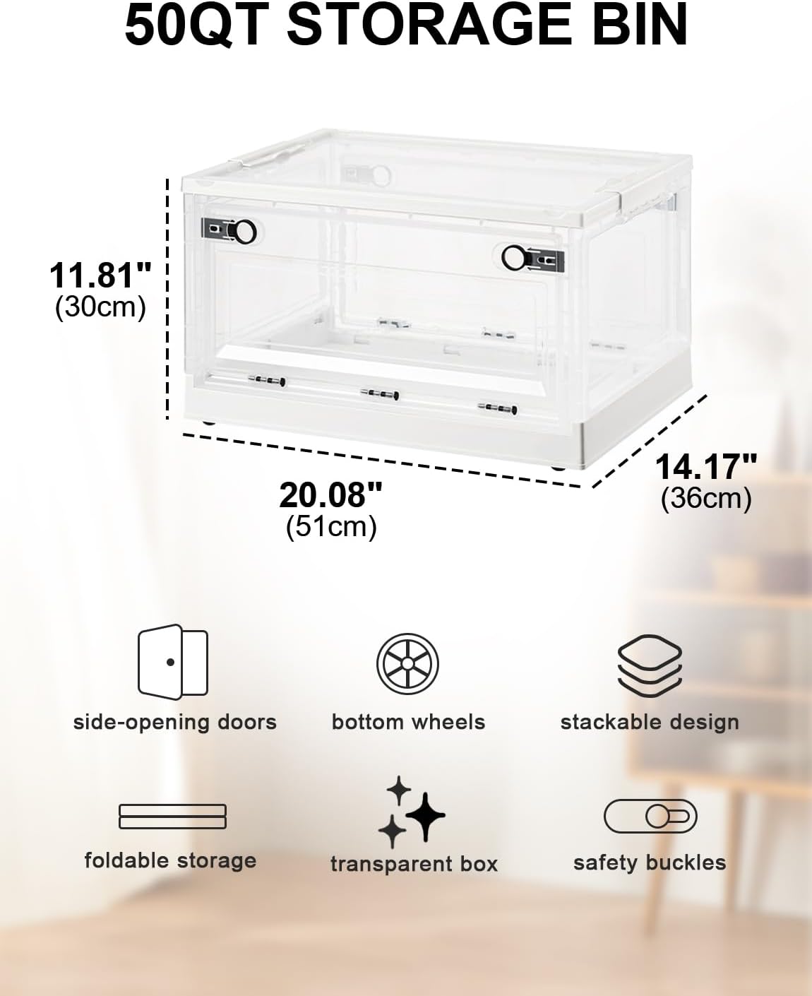 Storage Bins with Lids by [Brand Name] - 50 QT Stackable Plastic Containers with Wheels for Easy Organization | Clear Foldable Design for Home, Office, and Dorm