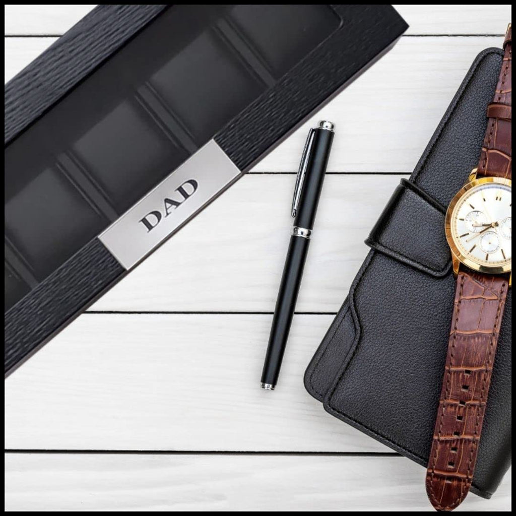 TIMELYBUYS 5 Ebony Wood Watch Box Display Case Storage Jewelry Organizer with Glass Top, Stainless Steel Accents, and Oversized Black Pillows
