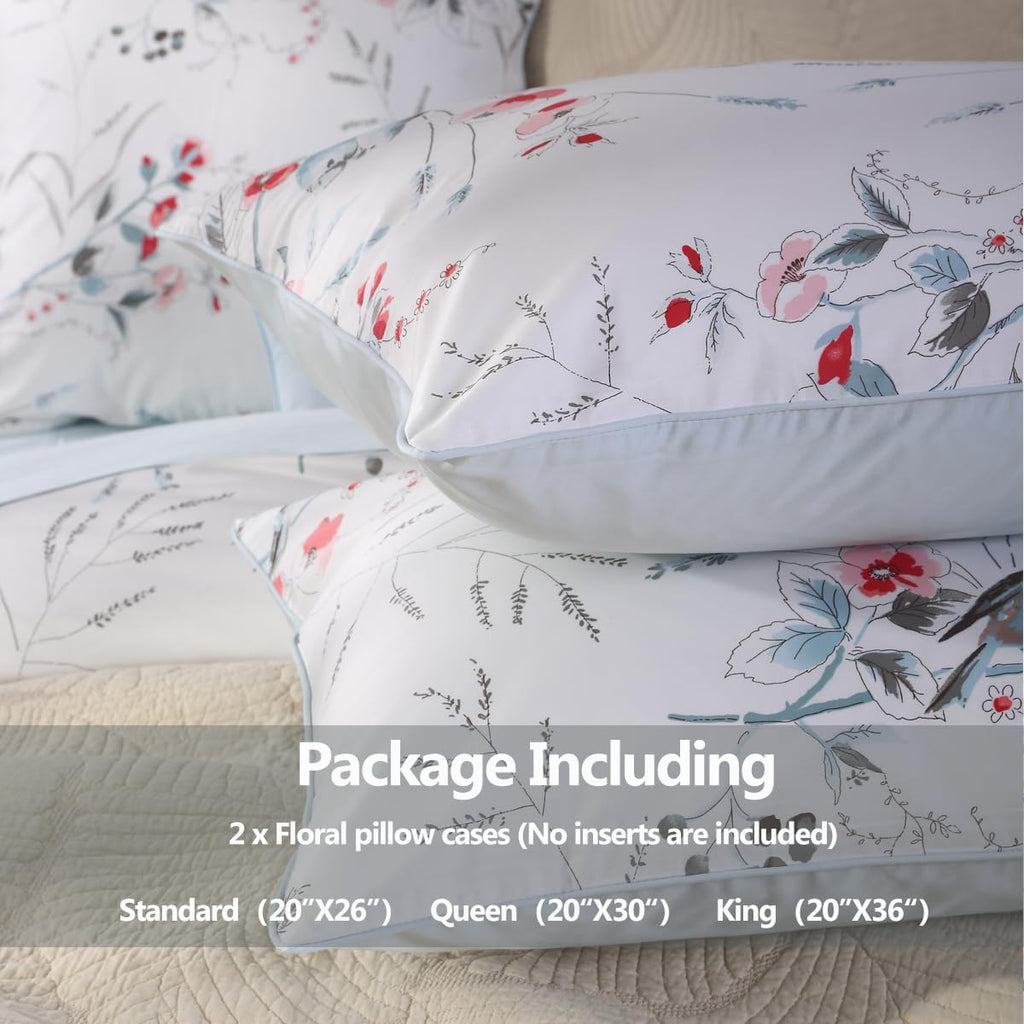 100% Egyption Cotton Queen Size Pillow Case - 2 Pack Soft Breathable Pillow Covers Botanical Pattern Floral Pillowcase Farmhouse Envelope Closure Pillow Sham White Birds Flower Print Bedding - 20"x30"