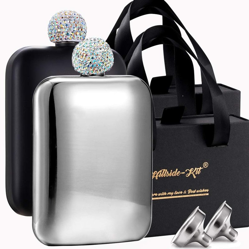 Hillside-Kit Booze Shot Flask- AB Crystal Lid Creative 304 Stainless Steel Wine Alcohol Liquor Flask for Women Girls Men Party Hand size Flask-6OZ