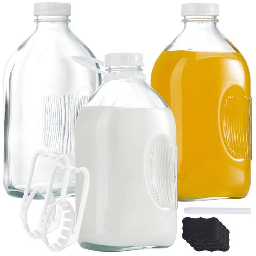 FyndraX Glass Milk Jugs Containers - Half Gallon Juice Bottles with Airtight Screw Cap and Handle for Milk, Breastmilk, Iced Tea, Cold Water, 64OZ Pitcher Set of 3