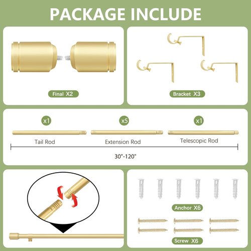 Gold Adjustable Curtain Rods by [Brand Name] - 5/8” Diameter, 30-120 Inch for Windows with Brackets