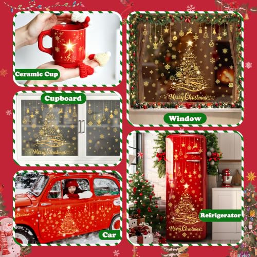 Joeyan Gold Christmas Tree Window Clings - Large Holiday Decor, 9 Sheets