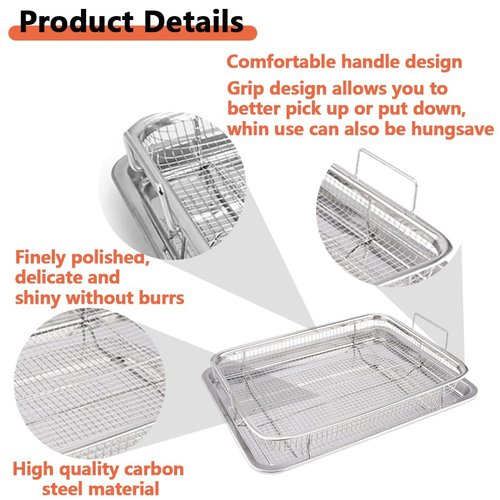 Voittozege 2 Set Air Fryer Basket for Oven, 15.5x11.5 Inch Stainless Steel Non-stick Mesh Basket Set, Air Fryer Accessories Oven Rack and Crisper Tray, Roasting Broiler Pan for Fries, Bacon, Chicken