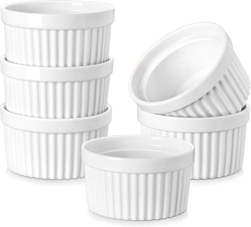 MALACASA Ramekins - 8 oz Oven Safe Porcelain Baking Cups Set of 6 | White Creme Brulee & Souffle Dishes