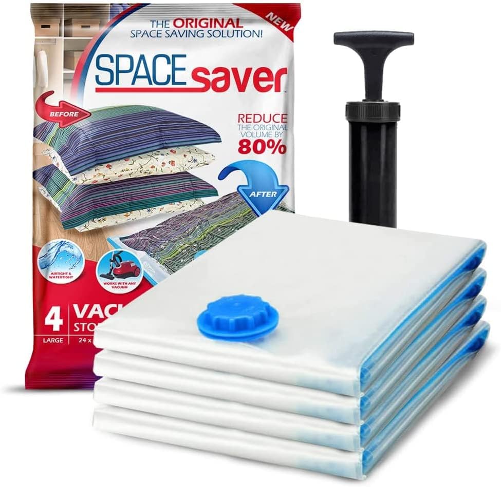 Spacesaver Jumbo Vacuum Storage Bags - 4 Pack for Blankets & Clothes | Compression Bags with Hand Pump for Travel & Organization
