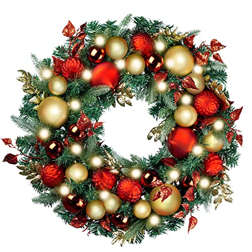 30-Inch Pre-Lit Christmas Wreath with LED Lights, Red and Gold Ornaments