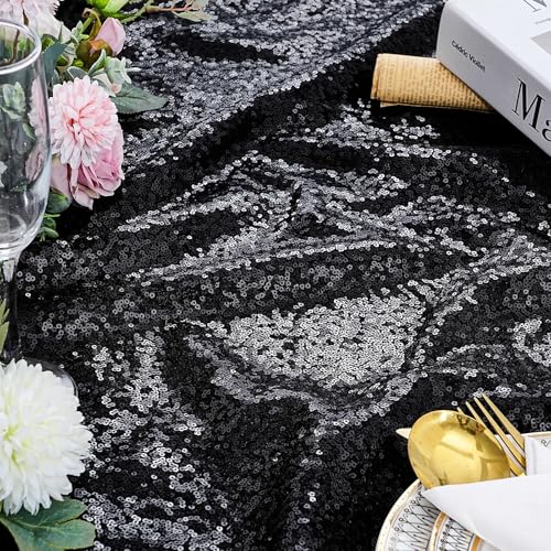 QueenDream Black Sequin Round Tablecloth 108 inch - Glitter Festive Table Cover