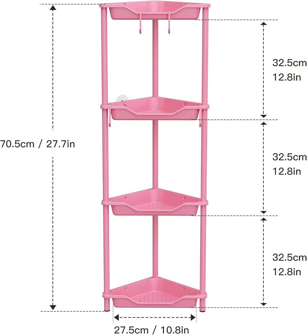 Orimade Rustproof 4-Tier Corner Shower Caddy Organizer - Durable Plastic & Metal, Pink | 10.8 x 10.8 x 44.6 Inches