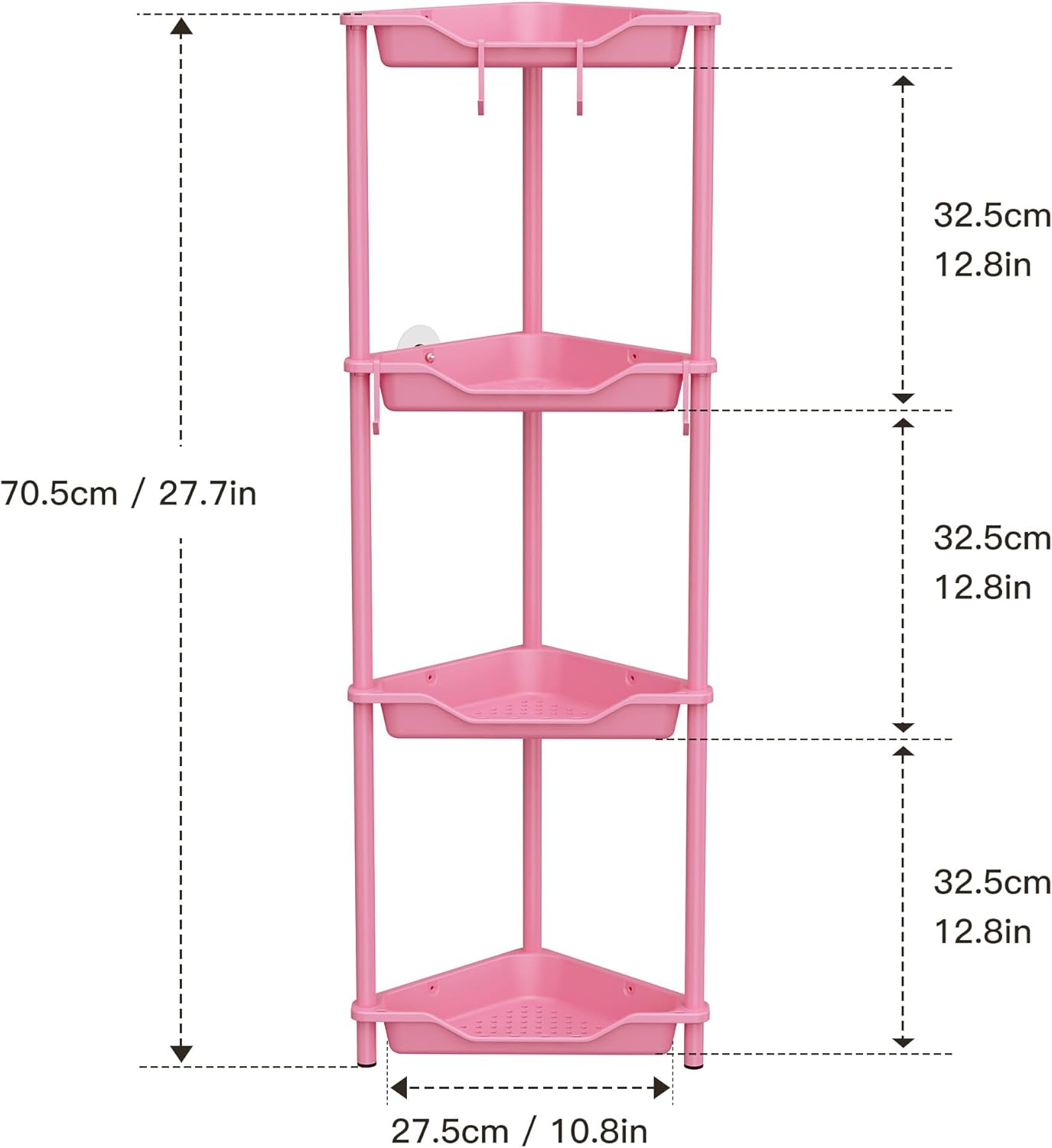 Orimade Rustproof 4-Tier Corner Shower Caddy Organizer - Durable Plastic & Metal, Pink | 10.8 x 10.8 x 44.6 Inches