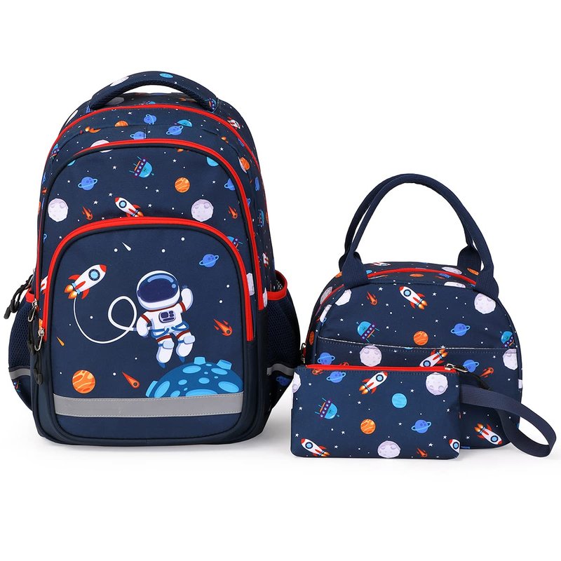 Moonmo School Backpack Kids Bookbag Set-with Lunch Bag & Pencil Case Elementary Preschool Kindergarten Supplies for Boys Large Capacity Backpack Set (Dark Blue Space)