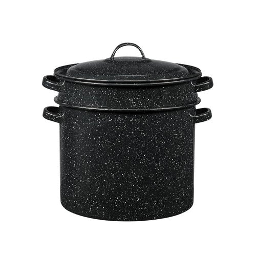 Granite Ware 7.5 Qt 3 Piece Multiuse Pasta Pot Set, Strainer Pot with lid. (Speckled Black) Seafood, Soups, Sauce, Large Capacity. Easy to Clean. Dishwasher Safe.