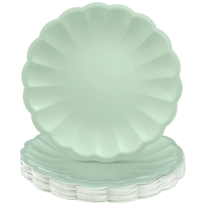 Newtay 30 Pcs Large Scalloped Paper Plates 9.5 Inch Shell Edge Disposable Dinner Plates for Birthday Wedding Baby Shower Party Decorations (Sage Green)
