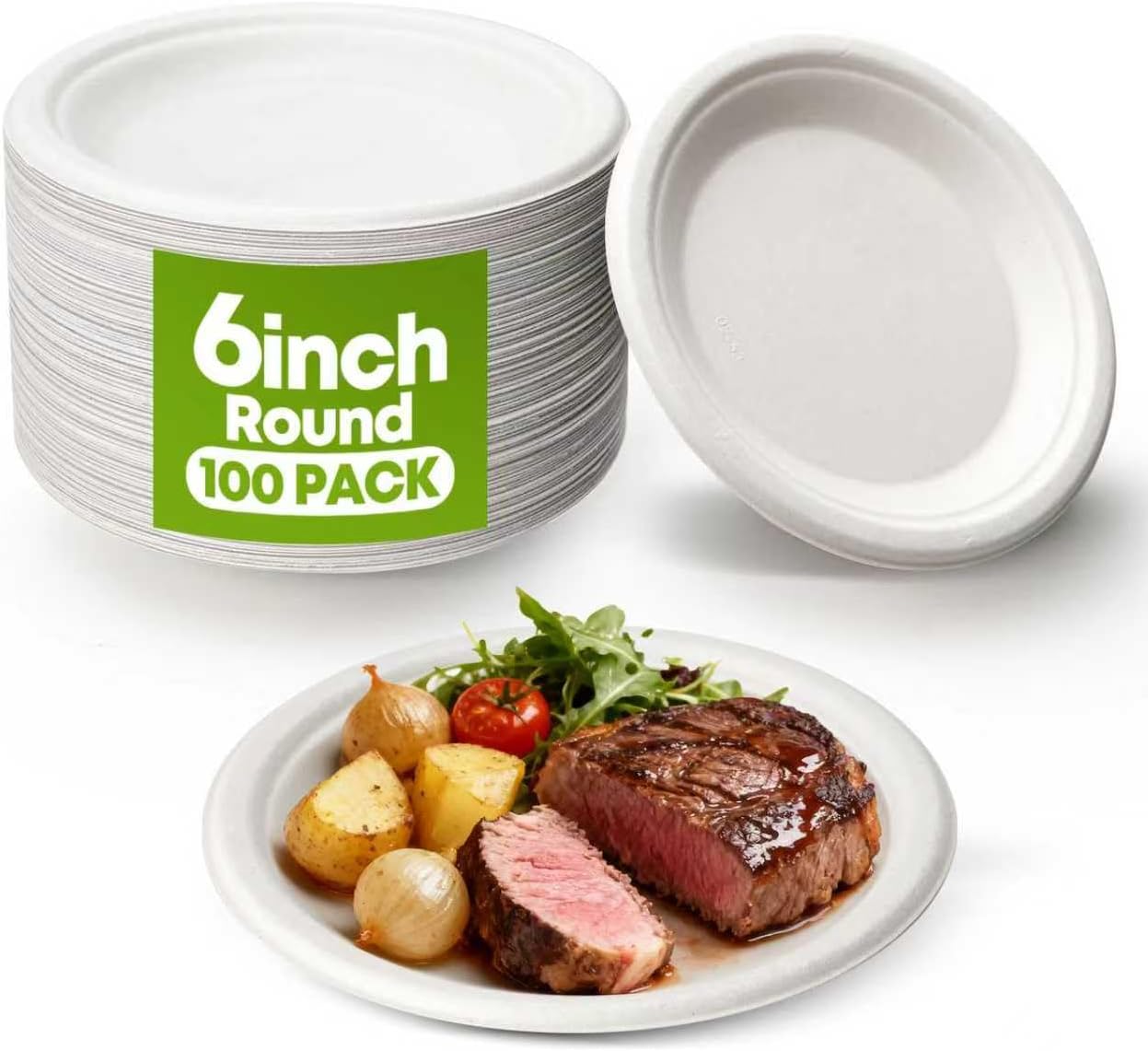 W&Y 100 Pack Heavy Duty 6 Inch Disposable Paper Plates - Compostable & Microwave-Safe for Parties & Picnics