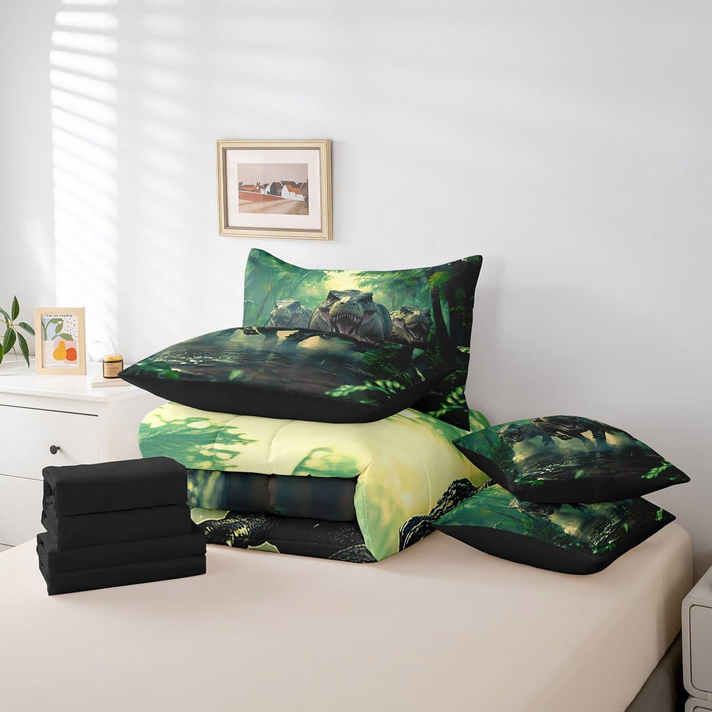 Cartoon Dinosaur Bed Set Includes Comforter, Sheet Set, Pillowcases & Pillow Covers Twin 3D Dino Print 7 Piece Bedding Set Decor Jungle Dino Comforter Set Soft Microfiber Wild Animal Bedroom Decor