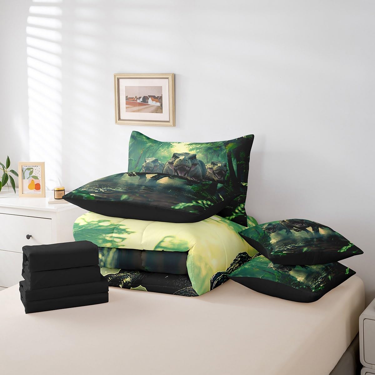 Cartoon Dinosaur Bed Set Includes Comforter, Sheet Set, Pillowcases & Pillow Covers Twin 3D Dino Print 7 Piece Bedding Set Decor Jungle Dino Comforter Set Soft Microfiber Wild Animal Bedroom Decor