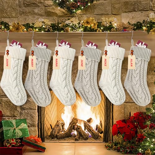 Large 18 Inch Christmas Stockings Set with Personalized Name Tags & Metal Holders - White and Khaki