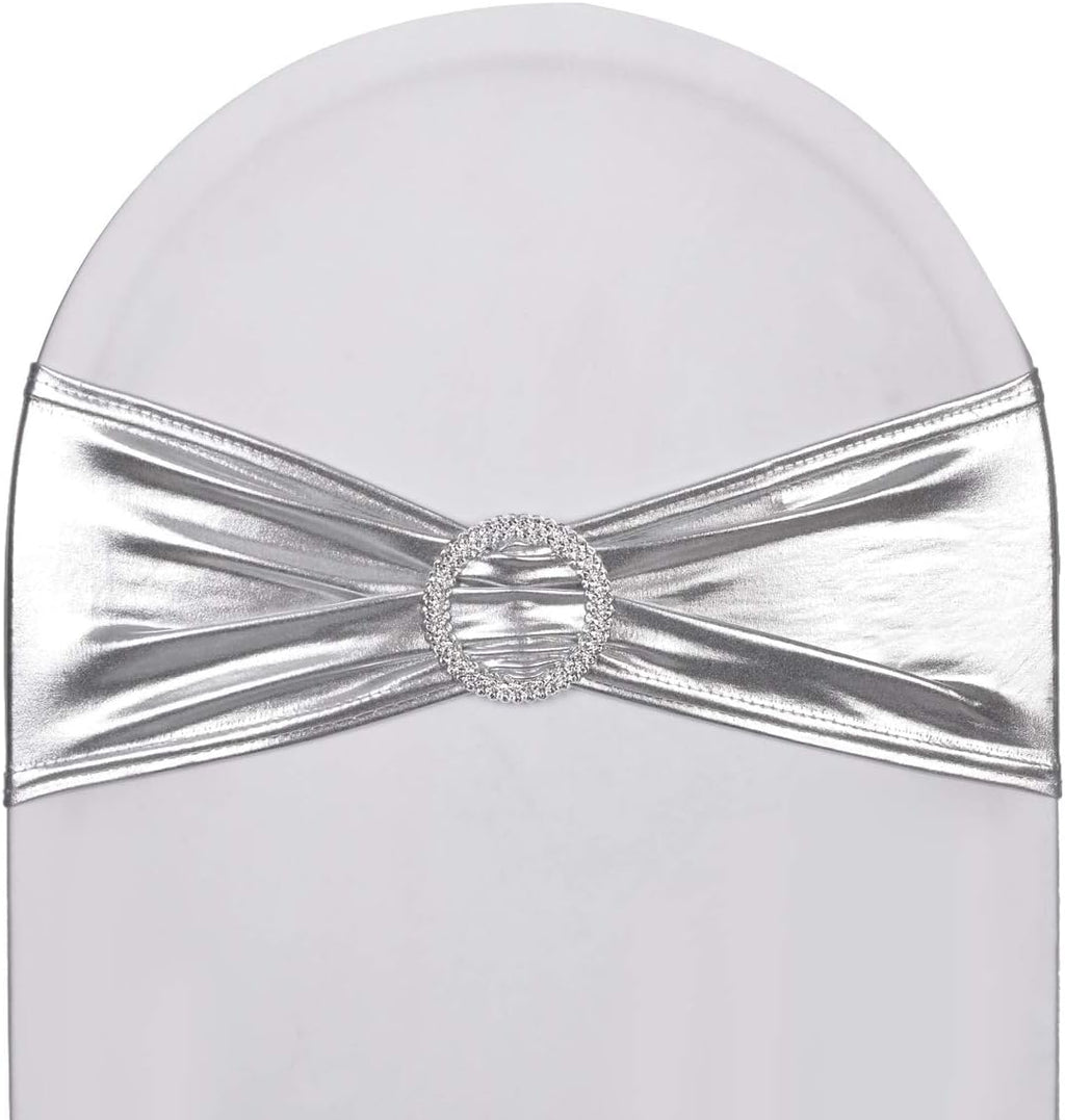 Skiennix Metallic Silver Stretch Chair Sashes - Durable Spandex Fitted Bows for Weddings & Events | 10-Pack