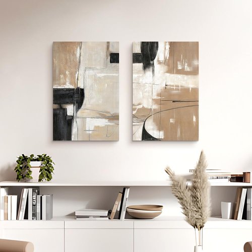 WALLSUP DECOR Abstract Geometric Shapes Illustrations Modern Abstract Painting Wall Art - 2 Piece Black And Brown canvas wall decor For Living Room Bedroom Office Hallway