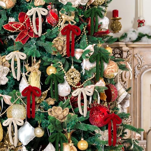 24-Pack Knitted Christmas Bows Ornaments 7in - Red Beige Green, Glitinsel