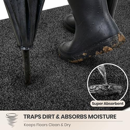 Dirt Trapping Indoor Doormat, 24" x 35.5" Non-Slip Entryway Rug, Charcoal