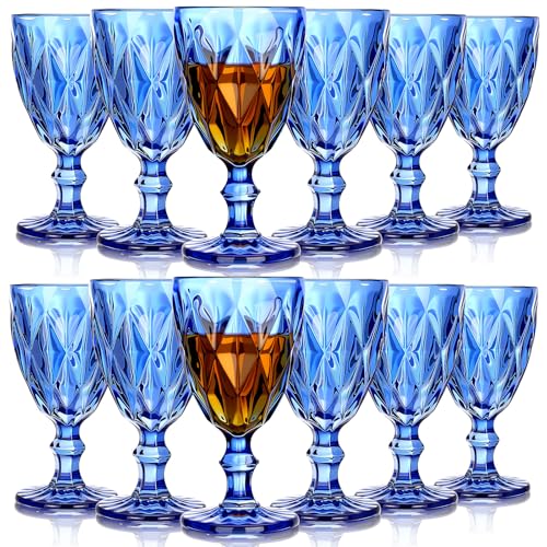 Vintage Embossed Blue Glass Goblets - 10 oz Stemmed Wine Glasses, Set of 12