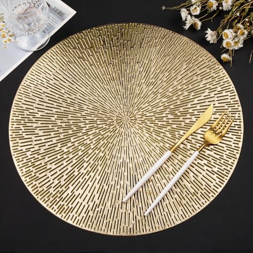 15 Inch Gold Round Placemats Set of 6 - AdasBridal Vinyl Table Mats, Pressed Metallic Decor