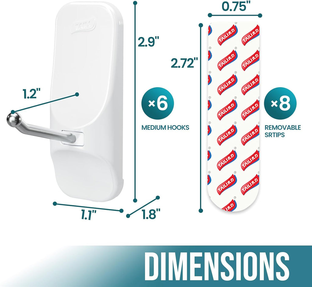 TAILI Heavy-Duty Hooks for Hanging | 6 Wire Sticky Hooks with 8 Adhesive Strips | Removable & Reusable, White