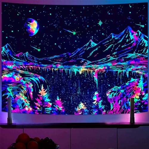 Blacklight Mountain Tapestry Glow in the Dark Moon Stars Wall Hanging (48" x 36")