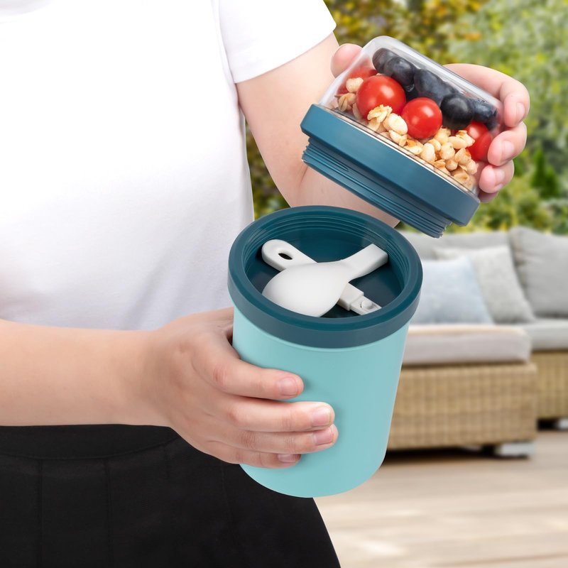 Mitsemmo Snack Cup,Reusable Snack Container with Lid,Yogurt Parfait Cups and Spoons,600ml+270ml Breakfast On The Go,Portable Cereal To Go Travel Cereal Bowl and Milk Container(Bule)