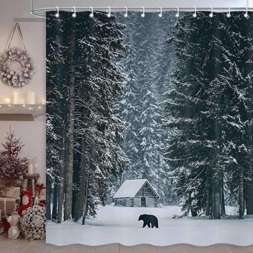 Yellawn Winter Snow Forest Bear Shower Curtain 72x72 in, Waterproof Polyester, Black Forest Pattern