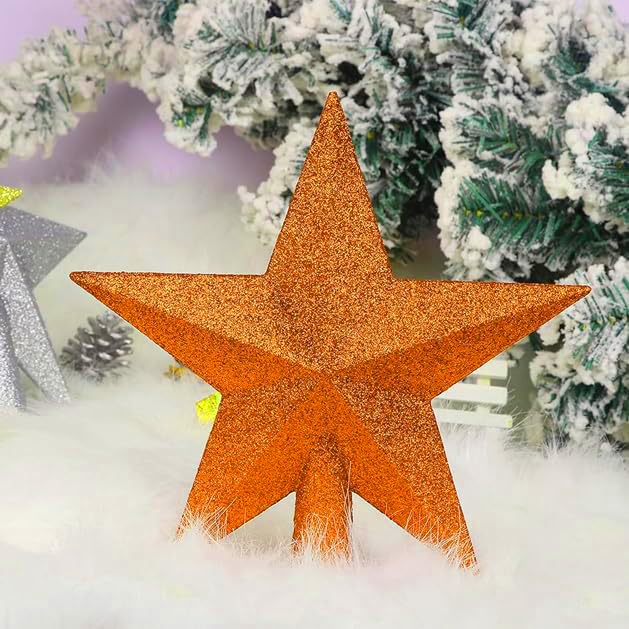 Orange Glitter Star Christmas Tree Topper - 6 Inch Holiday Ornament