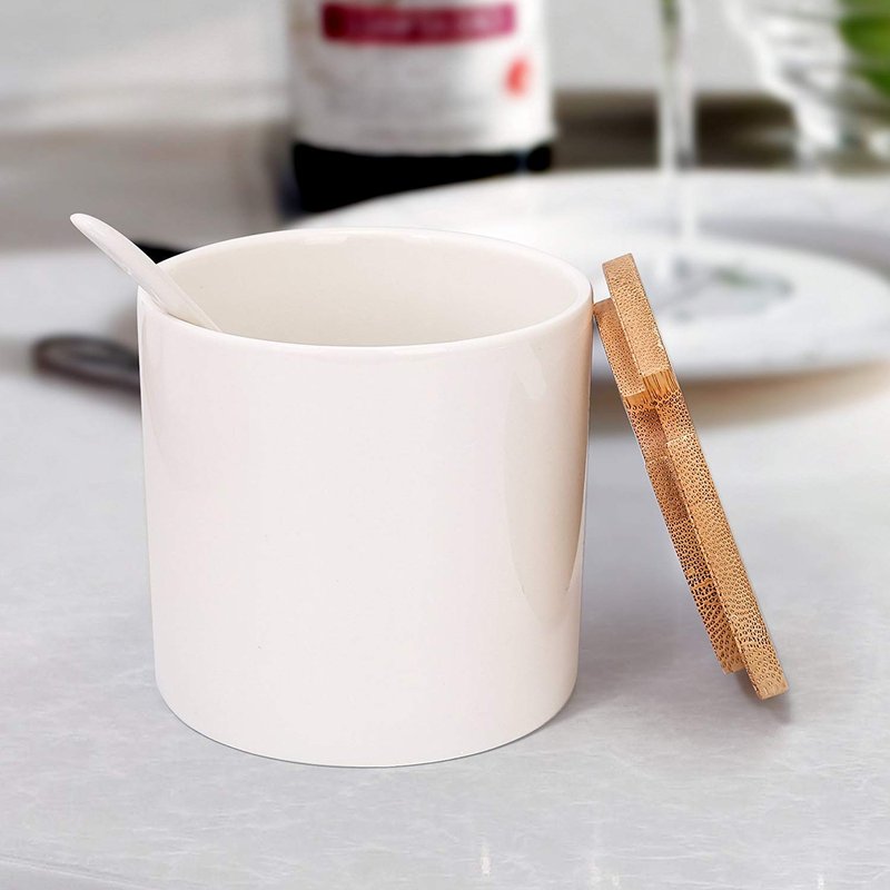 Lucky Goddness June Sky Ceramic Food Storage Containers with Bamboo Lid- Modern Design Porcelain Jar- Perfect Canister for Sugar Bowl Serving Tea, Coffee, Spice- Condiment Pot 8 oz, white