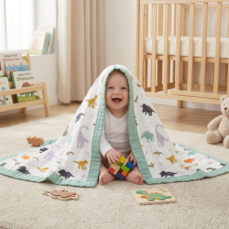 Little Jump Dinosaur Muslin Blanket Baby Quilt - Silky Soft and Breathable Crib Blanket for Daycare - Large 47" x 47" - 2 Layers Toddler Summer Blankets for Boys (Dinosaur)