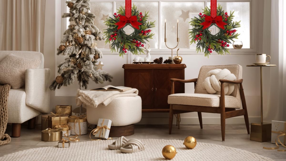 Regine Switzerland Christmas Candle Rings - 11.6 Inch Artificial Pine & Red Berries | Perfect for Holiday Decor & Centerpieces